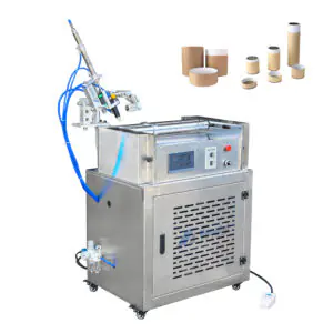 Stainless steel paper tube gluing machine showing 220V motor and pneumatic air supply setup.