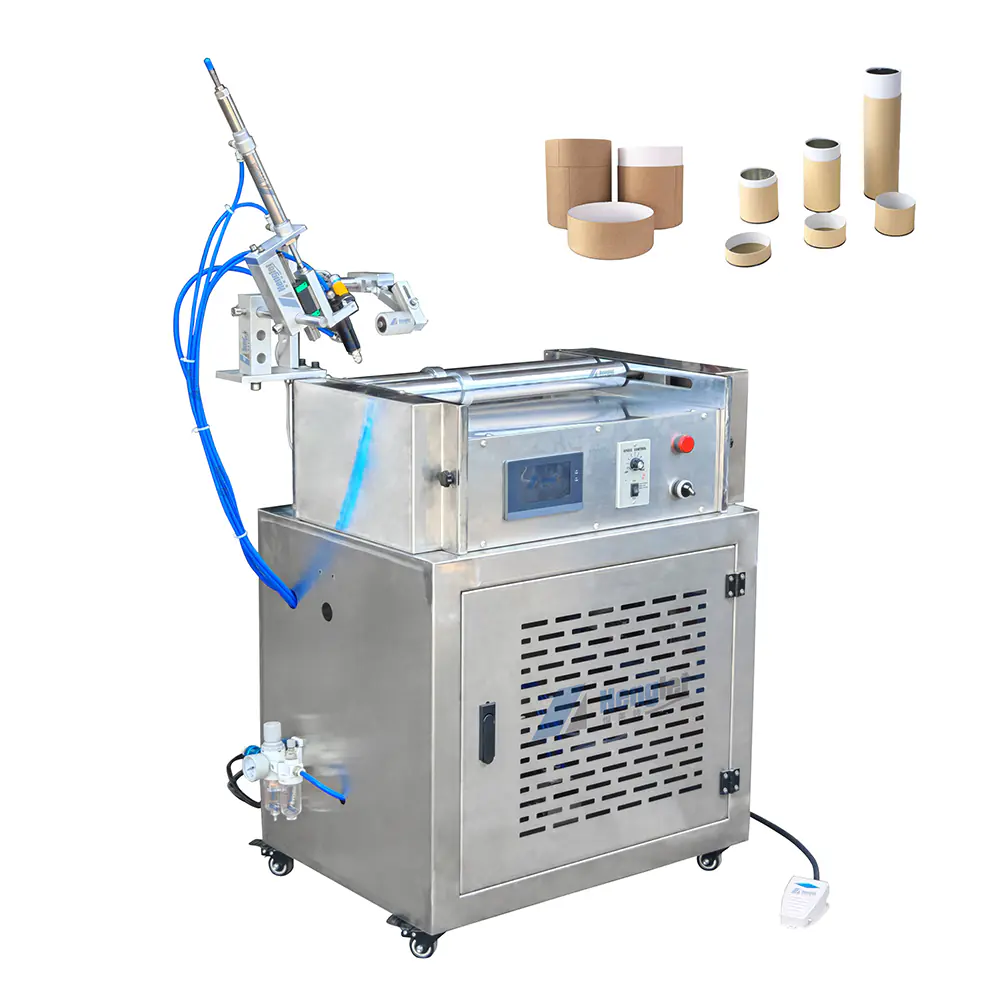 Stainless steel paper tube gluing machine showing 220V motor and pneumatic air supply setup.
